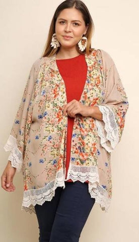 Taupe Flower Bomb Kimono with Lace Trim