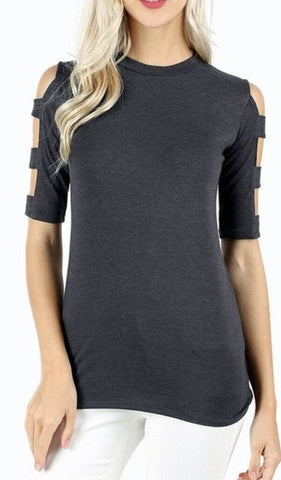 Grey Solid Jersey Knit Shirt with Sleeve Cut Outs