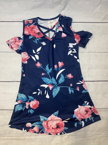 Girls Navy Floral Dress with Open Sleeve Size XL