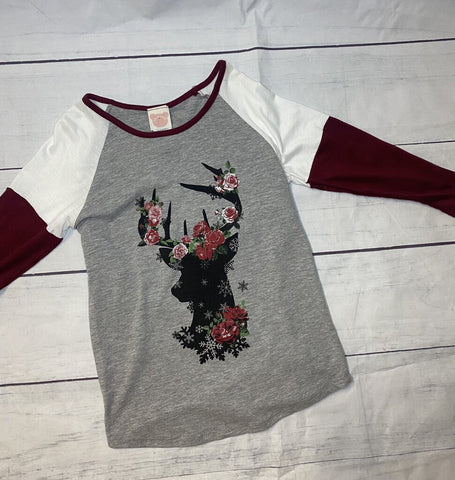 Girls Burgundy Deer Head with Roses and Snowflakes Size 8/9