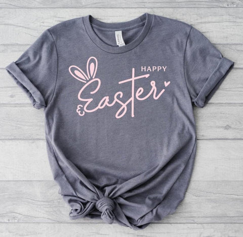 Grey Happy Easter Tee with Pink Letters