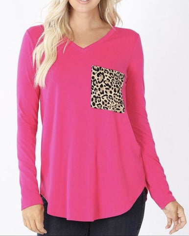 Hot Pink Long Sleeve with Leopard Pocket