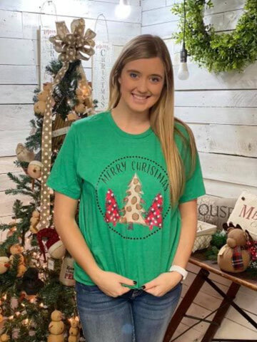 Merry Christmas 3 Tree Tee - Heather Kelly Green