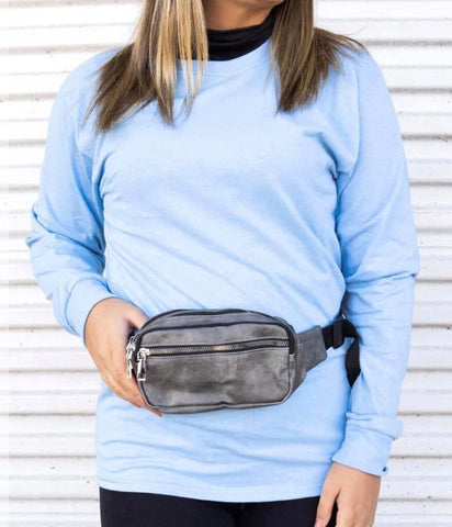 GRAY FAUX LEATHER FANNY PACK