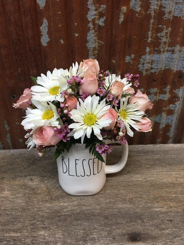 Blessed Rae Dunn Mug with White Daisy Pons and Mini Pink Roses